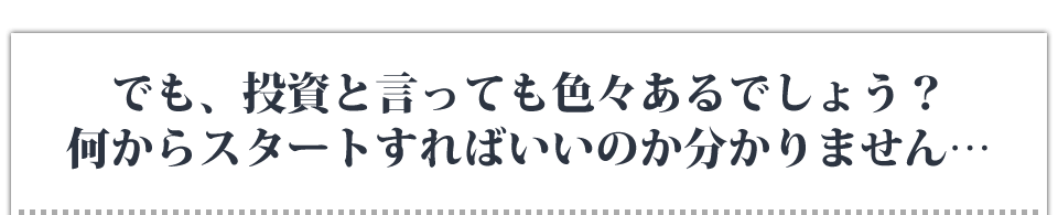 …でも、投資と言っても色々あるでしょう？何からスタートすればいいのか分かりません…