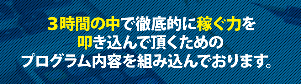 ３時間の中で徹底的に稼ぐ力を叩き込んで頂くためのプログラム内容を組み込んでおります。