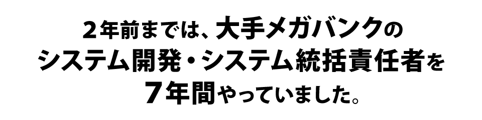 ２年前までは、大手メガバンクのシステム開発・システム統括責任者を７年間やっていました。